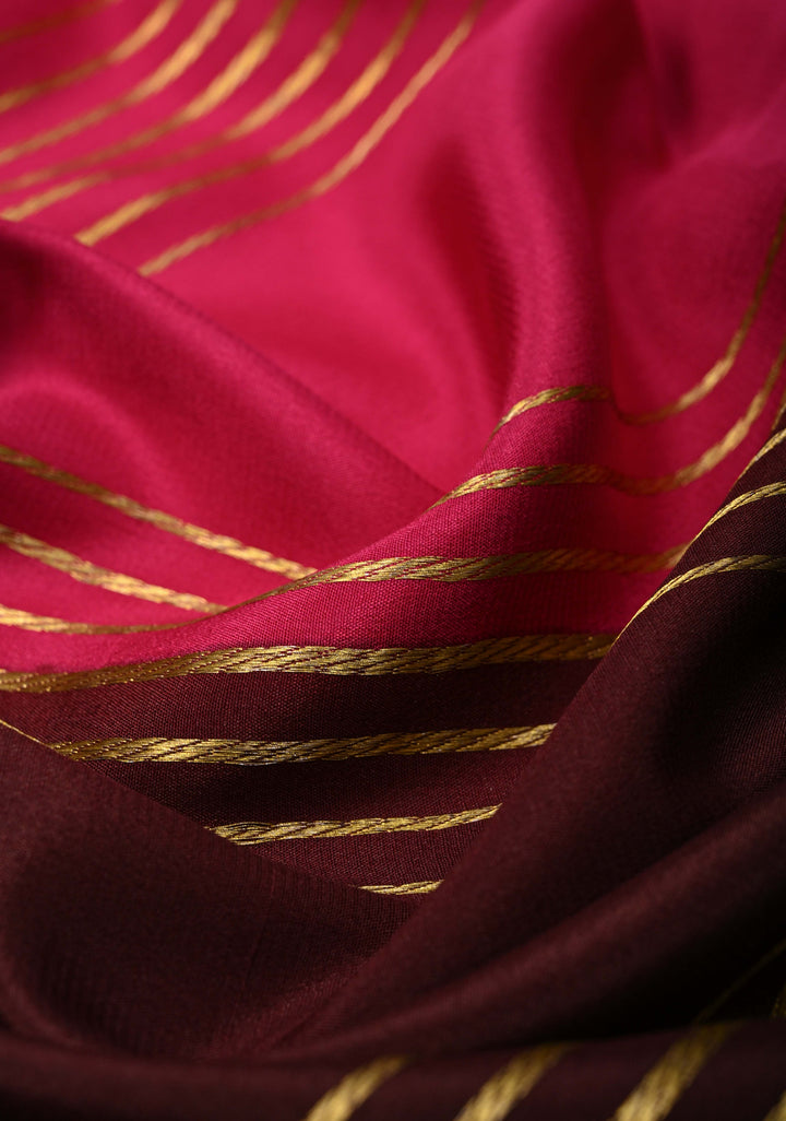 Dark Pink Mysore Silk Saree with Horizontal Zari Stripes and Panel Border in KSIC Grade Thickness | SILK MARK CERTIFIED