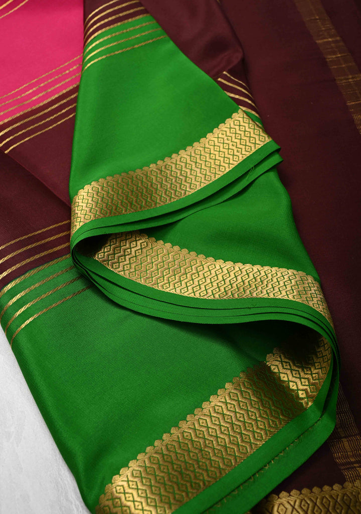 Dark Pink Mysore Silk Saree with Horizontal Zari Stripes and Panel Border in KSIC Grade Thickness | SILK MARK CERTIFIED