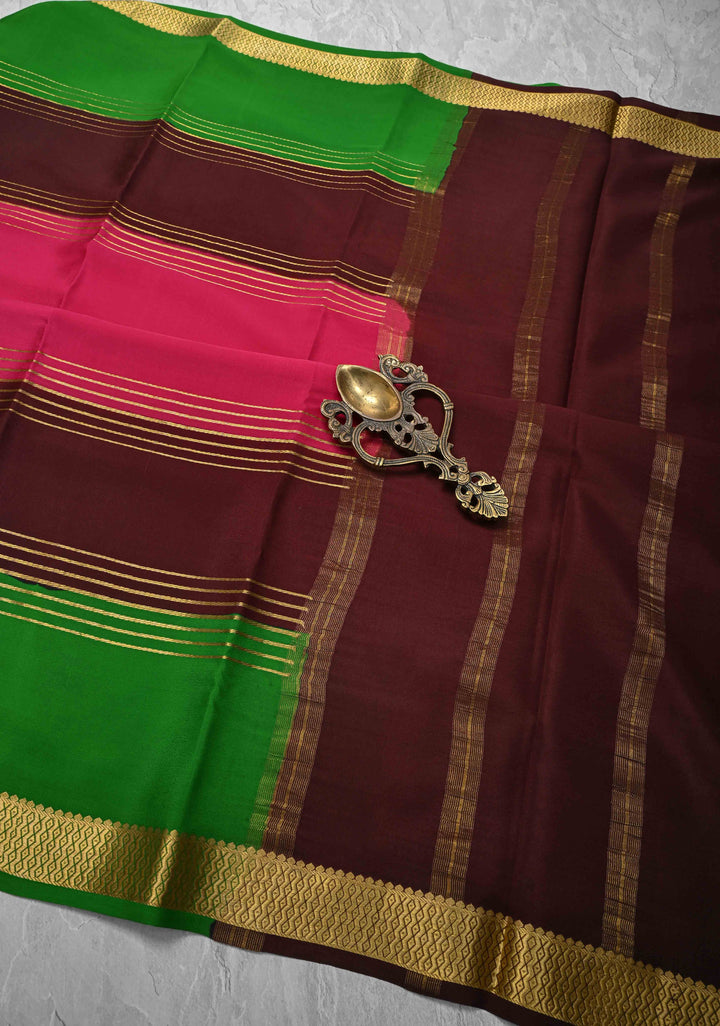 Dark Pink Mysore Silk Saree with Horizontal Zari Stripes and Panel Border in KSIC Grade Thickness | SILK MARK CERTIFIED