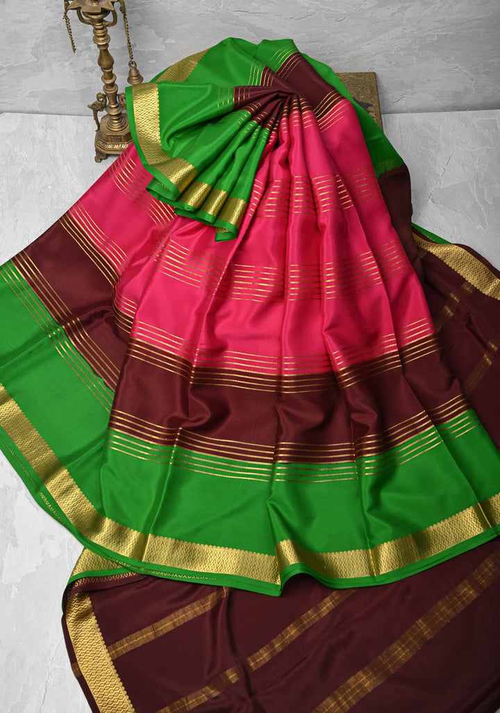 Dark Pink Mysore Silk Saree with Horizontal Zari Stripes and Panel Border in KSIC Grade Thickness | SILK MARK CERTIFIED