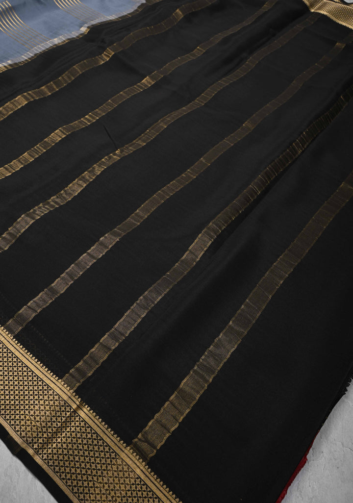 Gray Silk Saree with Horizontal Zari Stripes and Panel Border in KSIC Grade Thickness | SILK MARK CERTIFIED