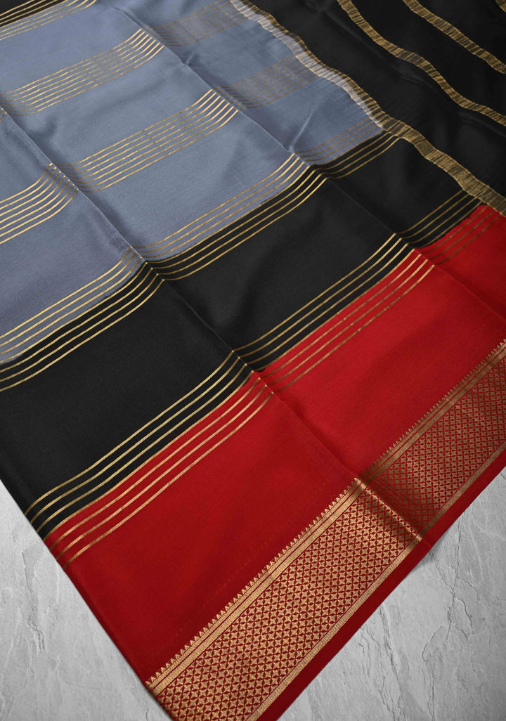 Gray Silk Saree with Horizontal Zari Stripes and Panel Border in KSIC Grade Thickness | SILK MARK CERTIFIED