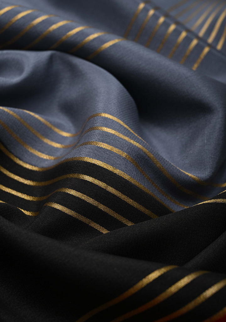 Gray Silk Saree with Horizontal Zari Stripes and Panel Border in KSIC Grade Thickness | SILK MARK CERTIFIED