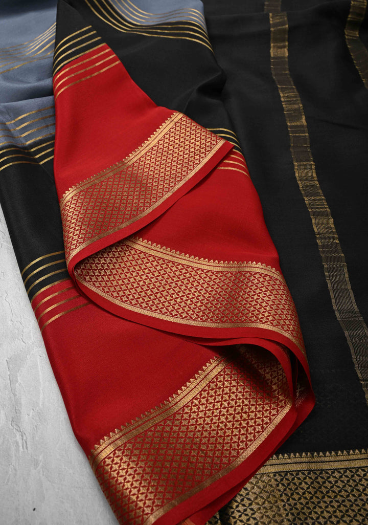 Gray Silk Saree with Horizontal Zari Stripes and Panel Border in KSIC Grade Thickness | SILK MARK CERTIFIED