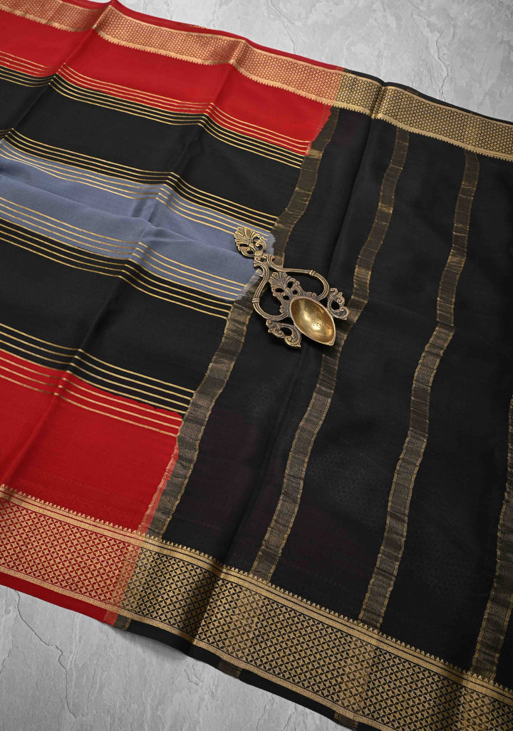Gray Silk Saree with Horizontal Zari Stripes and Panel Border in KSIC Grade Thickness | SILK MARK CERTIFIED