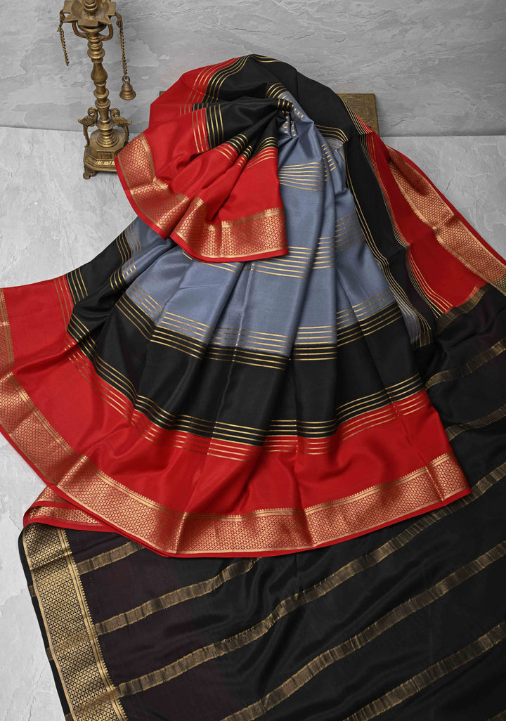 Gray Silk Saree with Horizontal Zari Stripes and Panel Border in KSIC Grade Thickness | SILK MARK CERTIFIED