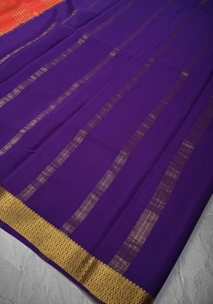 Kesari Orange Mysore Silk Saree with Horizontal Zari Stripes and Panel Border in KSIC Grade Thickness | SILK MARK CERTIFIED