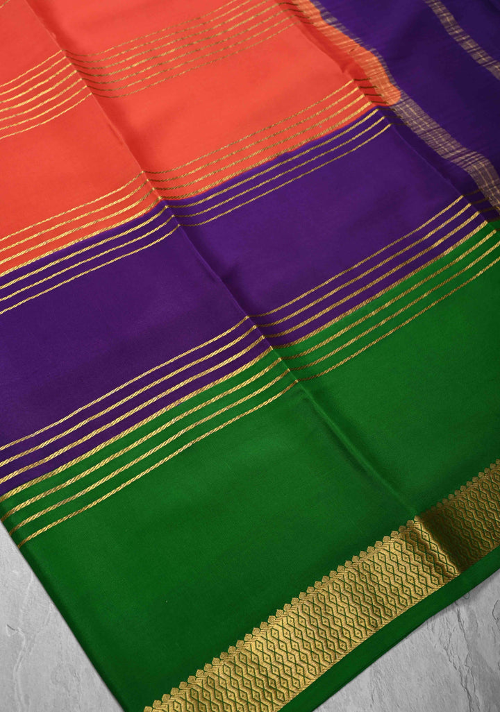 Kesari Orange Mysore Silk Saree with Horizontal Zari Stripes and Panel Border in KSIC Grade Thickness | SILK MARK CERTIFIED
