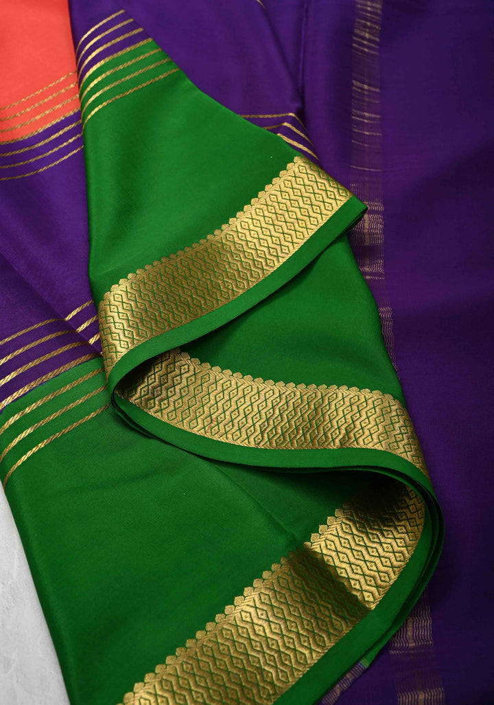 Kesari Orange Mysore Silk Saree with Horizontal Zari Stripes and Panel Border in KSIC Grade Thickness | SILK MARK CERTIFIED