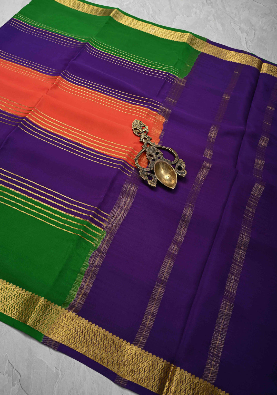 Kesari Orange Mysore Silk Saree with Horizontal Zari Stripes and Panel Border in KSIC Grade Thickness | SILK MARK CERTIFIED