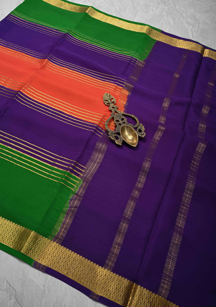 Kesari Orange Mysore Silk Saree with Horizontal Zari Stripes and Panel Border in KSIC Grade Thickness | SILK MARK CERTIFIED