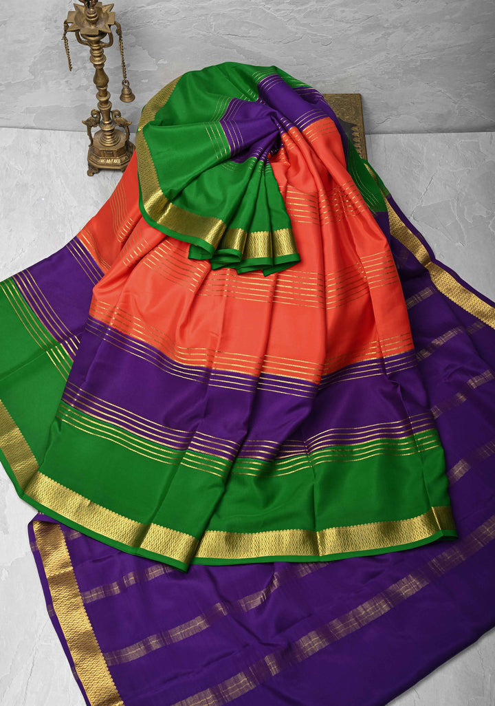 Kesari Orange Mysore Silk Saree with Horizontal Zari Stripes and Panel Border in KSIC Grade Thickness | SILK MARK CERTIFIED