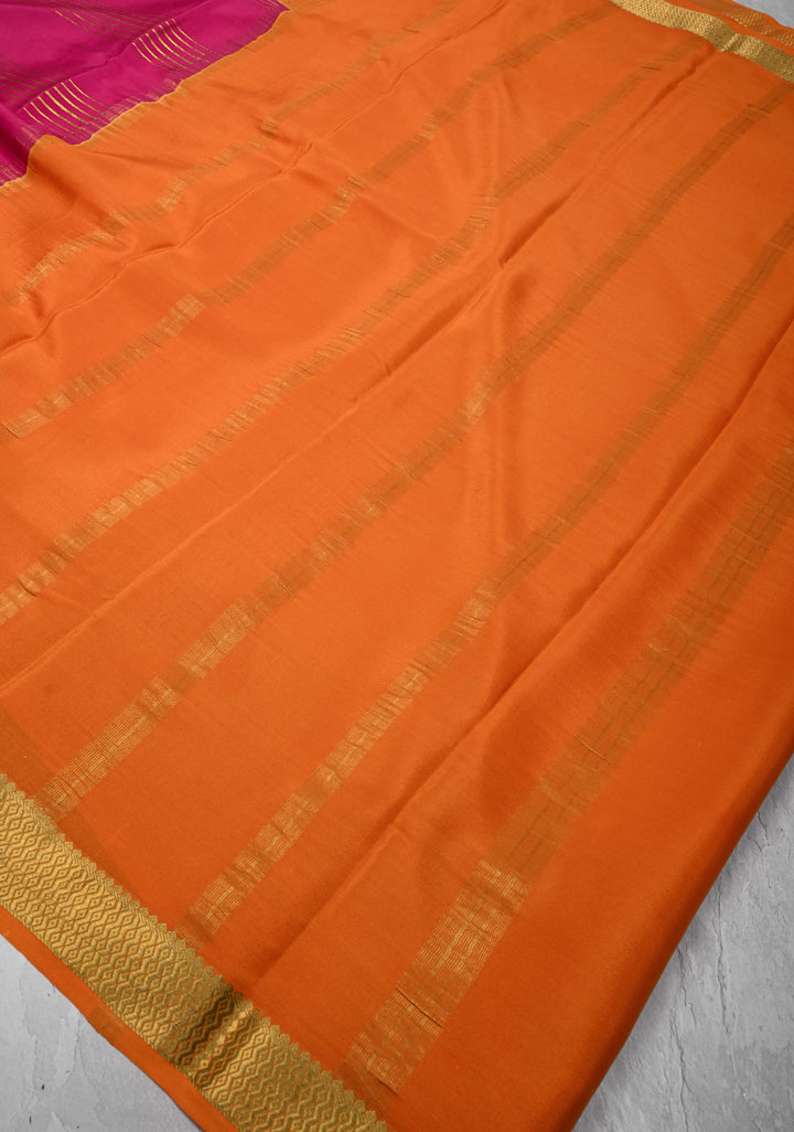 Dark Pink Silk Saree with Horizontal Zari Stripes and Panel Border in KSIC Grade Thickness | SILK MARK CERTIFIED