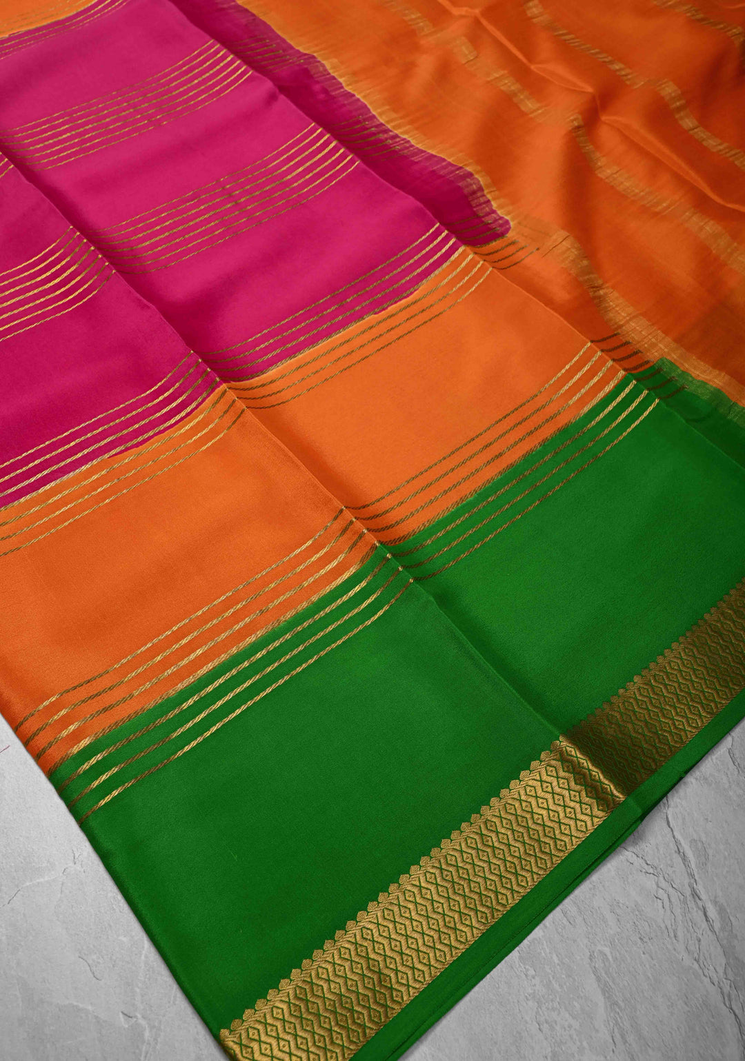 Dark Pink Silk Saree with Horizontal Zari Stripes and Panel Border in KSIC Grade Thickness | SILK MARK CERTIFIED