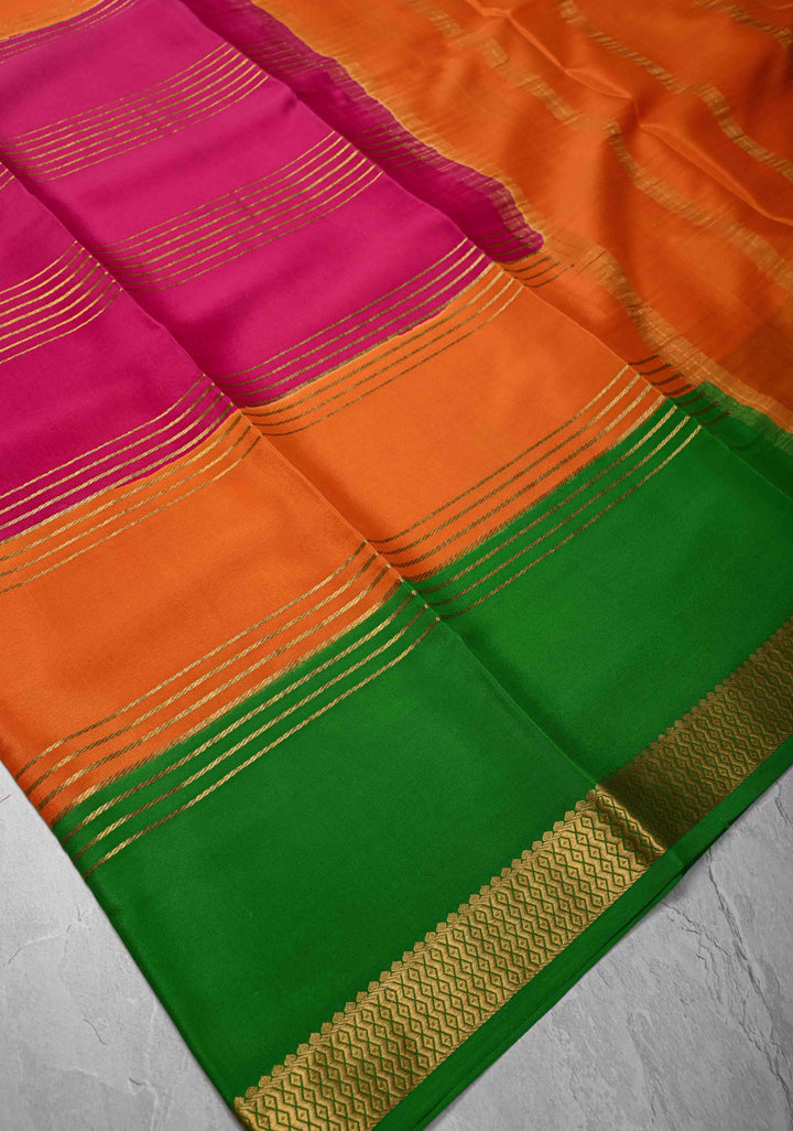 Dark Pink Silk Saree with Horizontal Zari Stripes and Panel Border in KSIC Grade Thickness | SILK MARK CERTIFIED