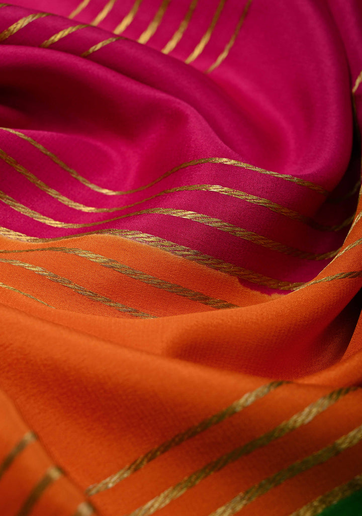 Dark Pink Silk Saree with Horizontal Zari Stripes and Panel Border in KSIC Grade Thickness | SILK MARK CERTIFIED