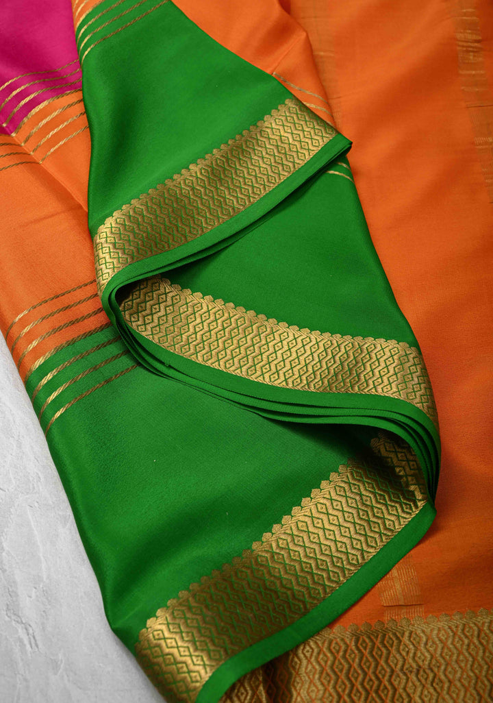 Dark Pink Silk Saree with Horizontal Zari Stripes and Panel Border in KSIC Grade Thickness | SILK MARK CERTIFIED