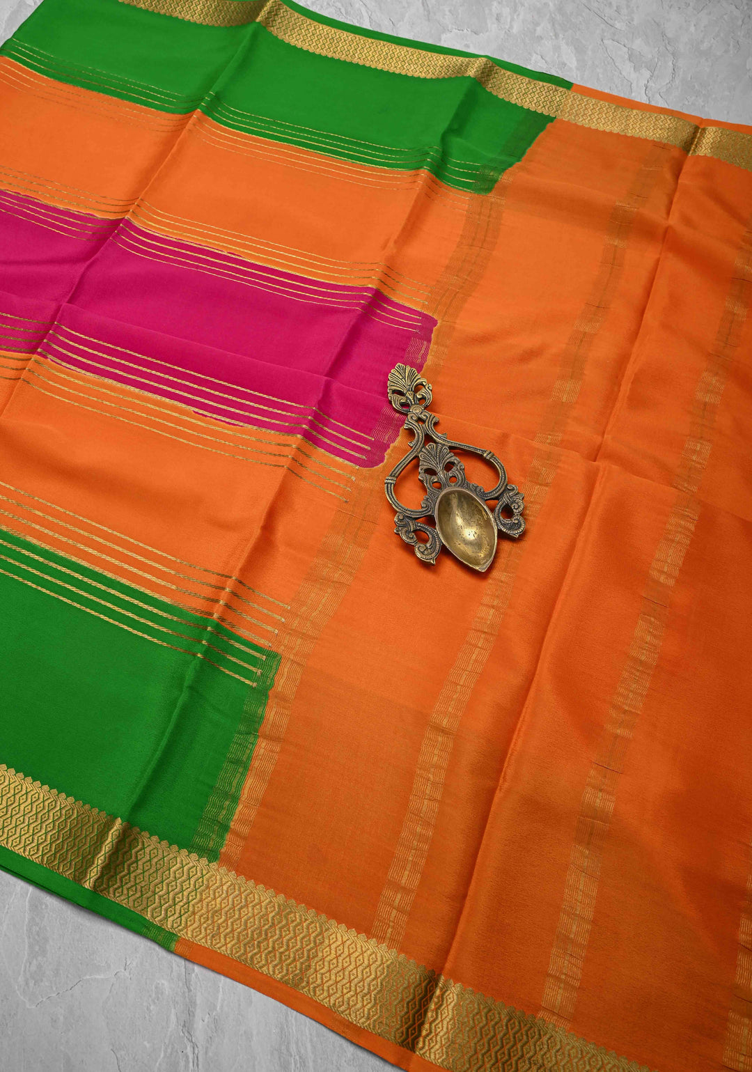Dark Pink Silk Saree with Horizontal Zari Stripes and Panel Border in KSIC Grade Thickness | SILK MARK CERTIFIED