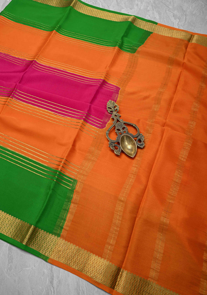 Dark Pink Silk Saree with Horizontal Zari Stripes and Panel Border in KSIC Grade Thickness | SILK MARK CERTIFIED