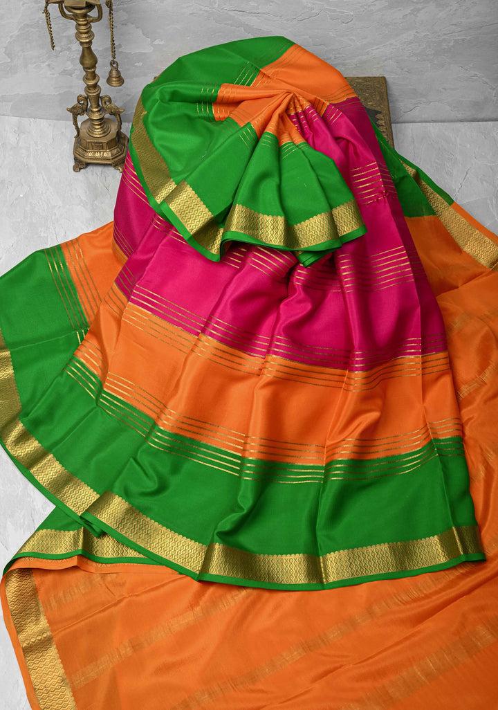 Dark Pink Silk Saree with Horizontal Zari Stripes and Panel Border in KSIC Grade Thickness | SILK MARK CERTIFIED