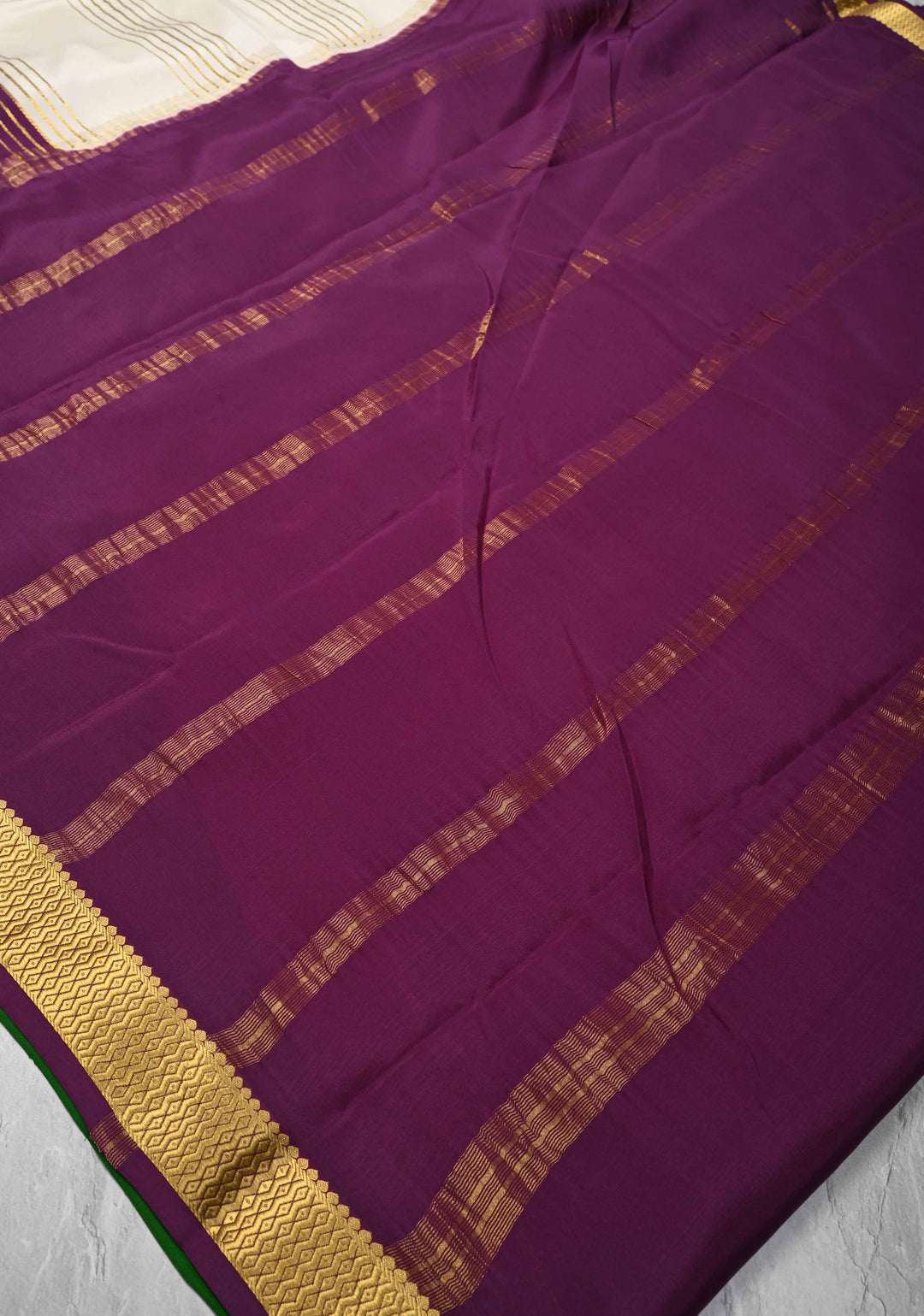 Ivory Mysore Silk Saree with Horizontal Zari Stripes and Contrast Panel Border in KSIC Grade Thickness | SILK MARK CERTIFIED