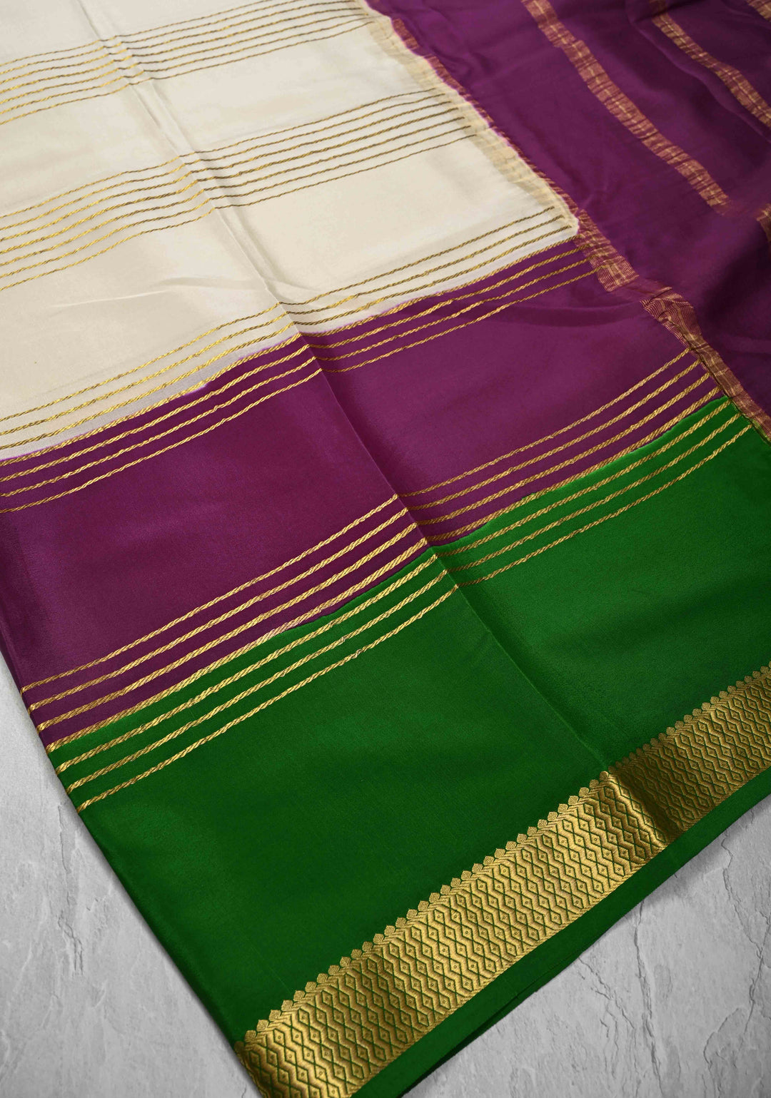 Ivory Mysore Silk Saree with Horizontal Zari Stripes and Contrast Panel Border in KSIC Grade Thickness | SILK MARK CERTIFIED