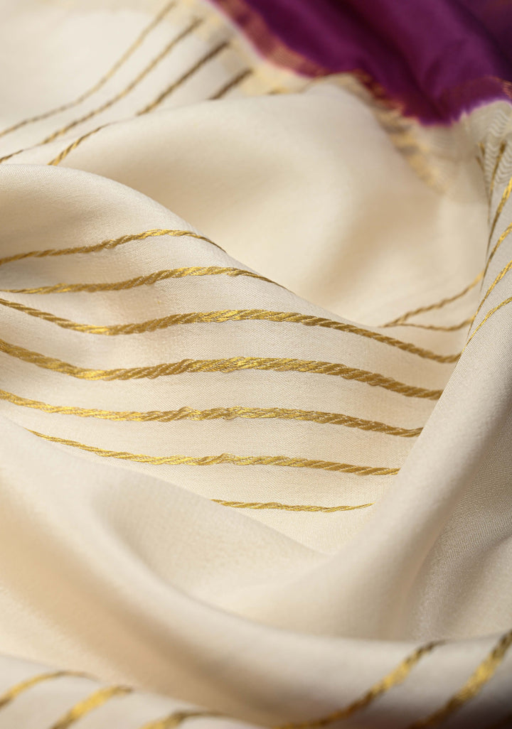 Ivory Mysore Silk Saree with Horizontal Zari Stripes and Contrast Panel Border in KSIC Grade Thickness | SILK MARK CERTIFIED