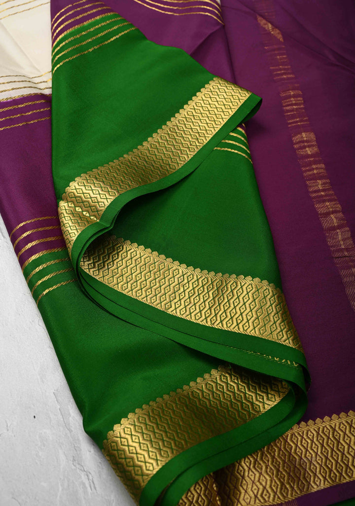 Ivory Mysore Silk Saree with Horizontal Zari Stripes and Contrast Panel Border in KSIC Grade Thickness | SILK MARK CERTIFIED
