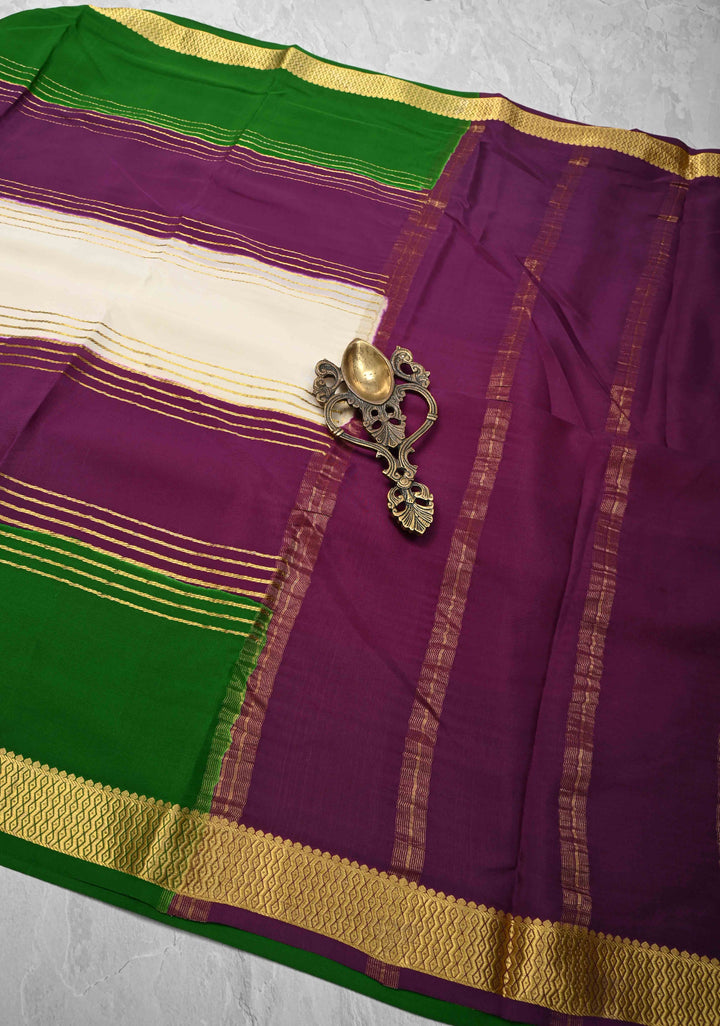 Ivory Mysore Silk Saree with Horizontal Zari Stripes and Contrast Panel Border in KSIC Grade Thickness | SILK MARK CERTIFIED