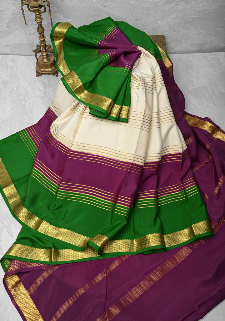 Ivory Mysore Silk Saree with Horizontal Zari Stripes and Contrast Panel Border in KSIC Grade Thickness | SILK MARK CERTIFIED