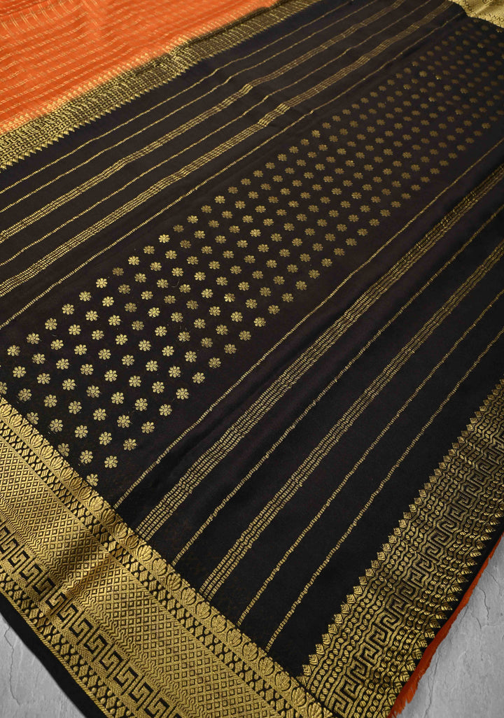Orange Mysore silk Saree with Zari Checks and Zari Border in KSIC Grade Thickness | SILK MARK CERTIFIED