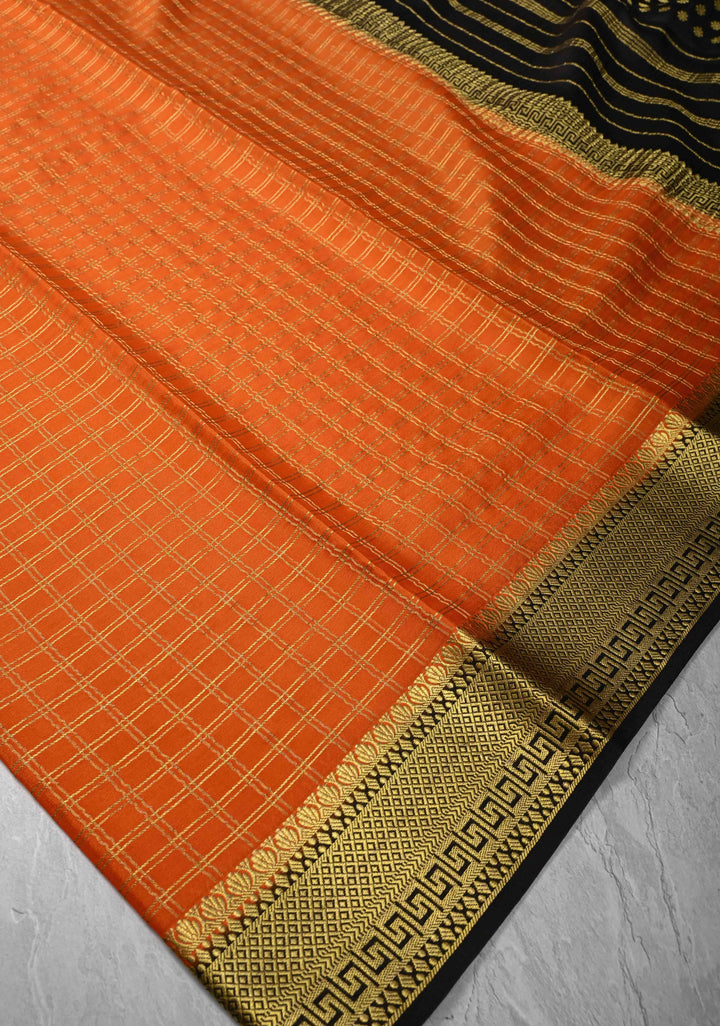 Orange Mysore silk Saree with Zari Checks and Zari Border in KSIC Grade Thickness | SILK MARK CERTIFIED