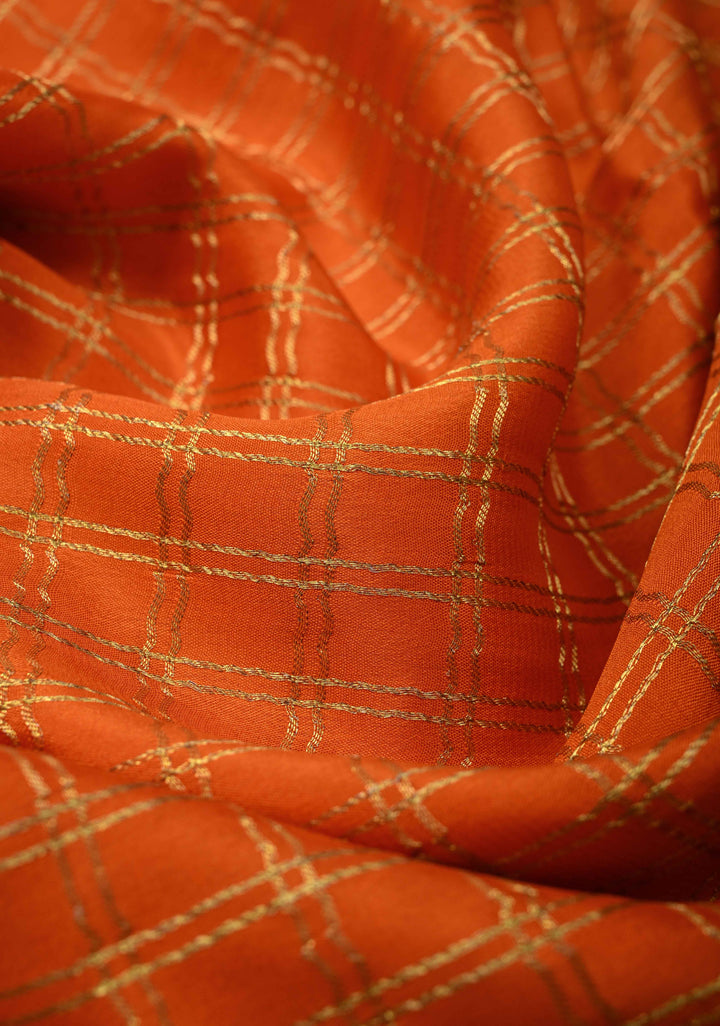 Orange Mysore silk Saree with Zari Checks and Zari Border in KSIC Grade Thickness | SILK MARK CERTIFIED
