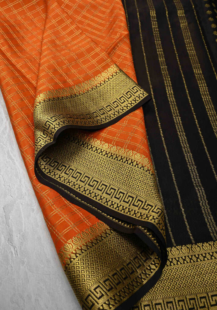 Orange Mysore silk Saree with Zari Checks and Zari Border in KSIC Grade Thickness | SILK MARK CERTIFIED