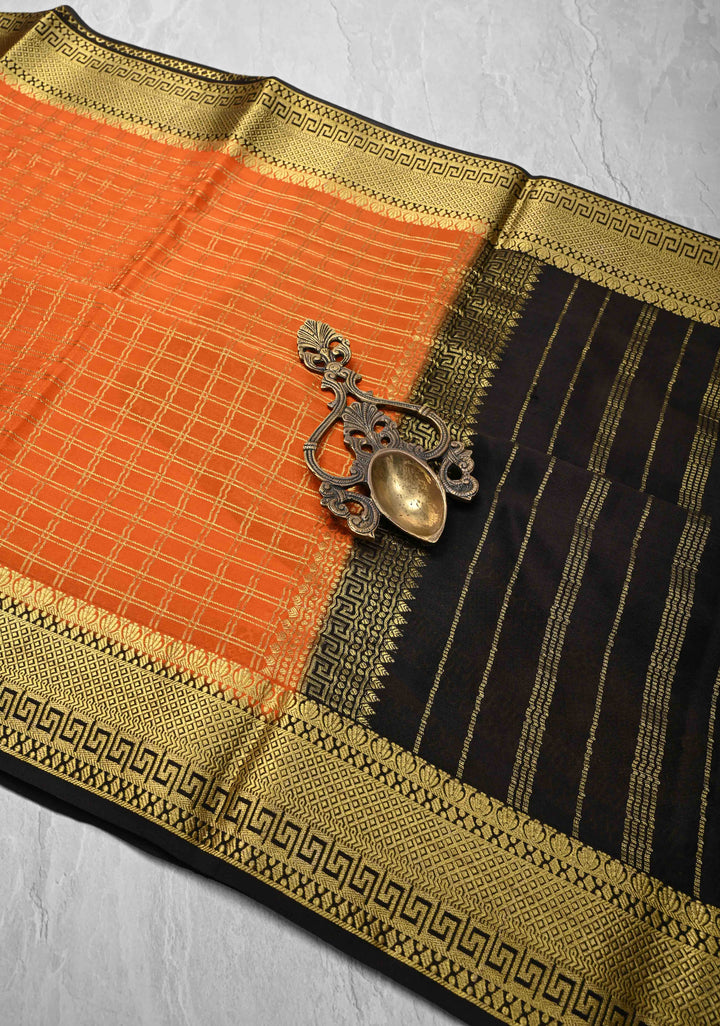 Orange Mysore silk Saree with Zari Checks and Zari Border in KSIC Grade Thickness | SILK MARK CERTIFIED