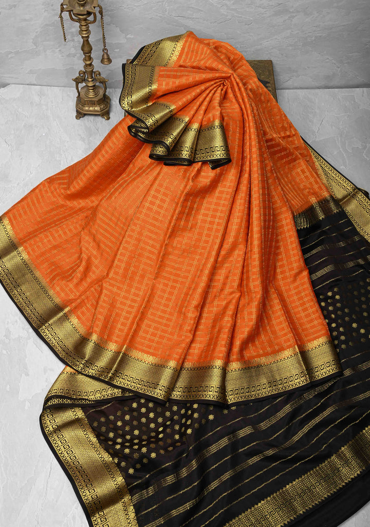 Orange Mysore silk Saree with Zari Checks and Zari Border in KSIC Grade Thickness | SILK MARK CERTIFIED