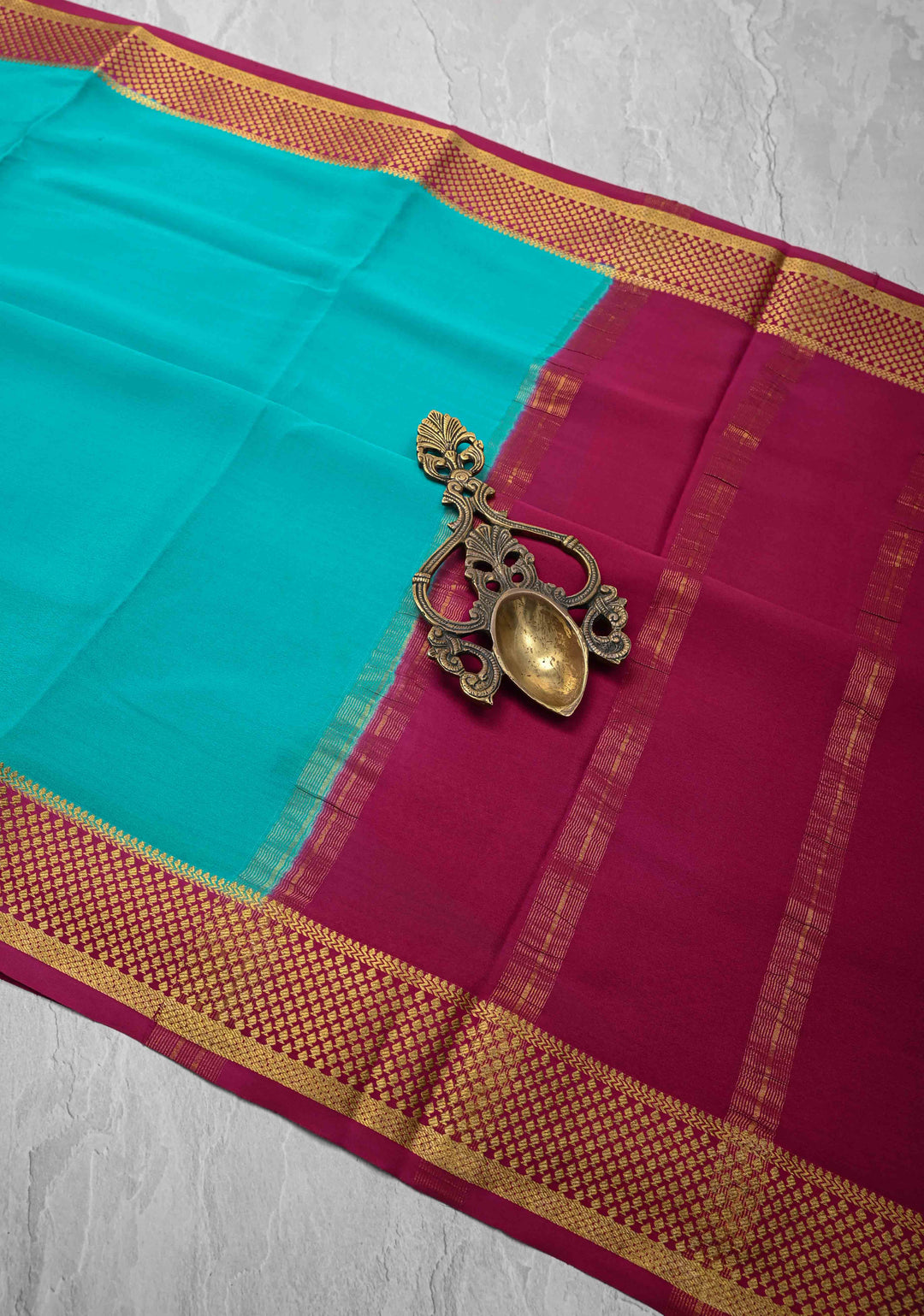 Turquoise blue Mysore Silk Saree with Contrast Zari Border | SILK MARK CERTIFIED