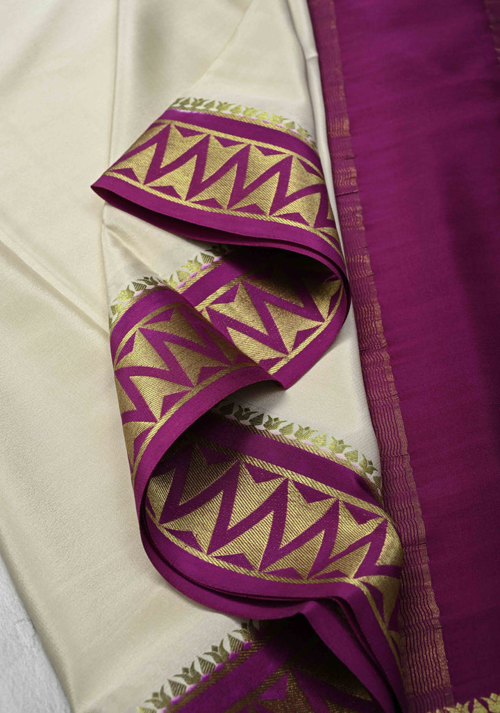 Ivory Mysore Silk Saree with Contrast Zari Border | SILK MARK CERTIFIED