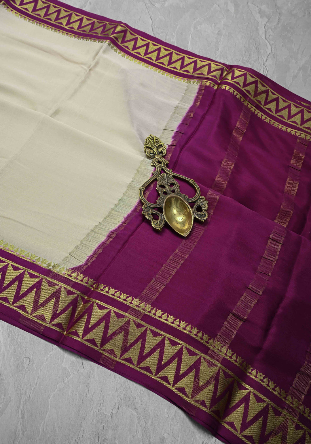 Ivory Mysore Silk Saree with Contrast Zari Border | SILK MARK CERTIFIED