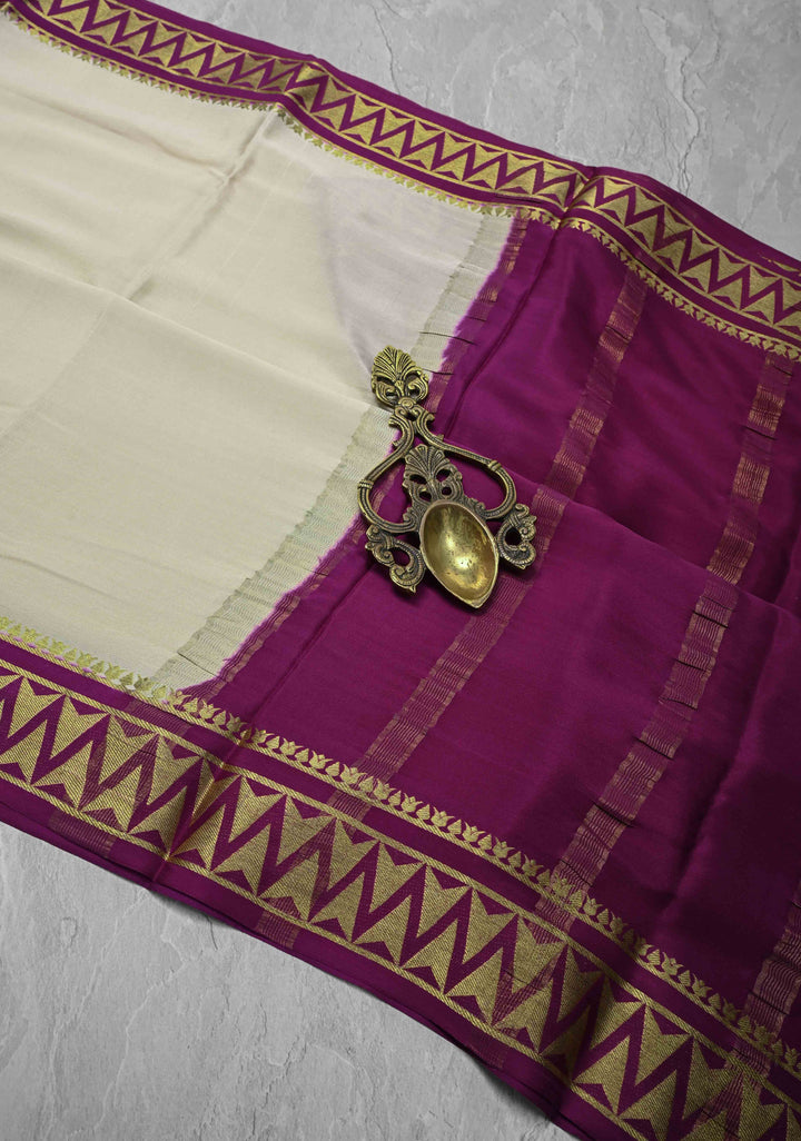 Ivory Mysore Silk Saree with Contrast Zari Border | SILK MARK CERTIFIED
