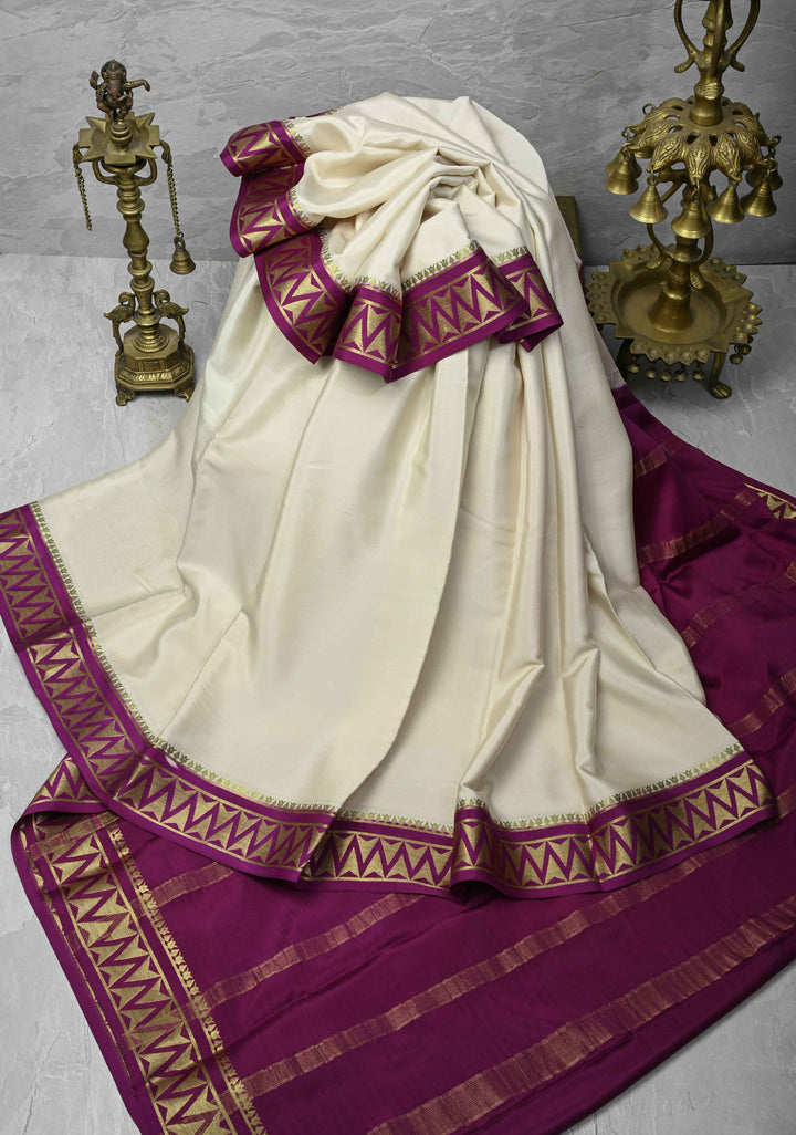 Ivory Mysore Silk Saree with Contrast Zari Border | SILK MARK CERTIFIED
