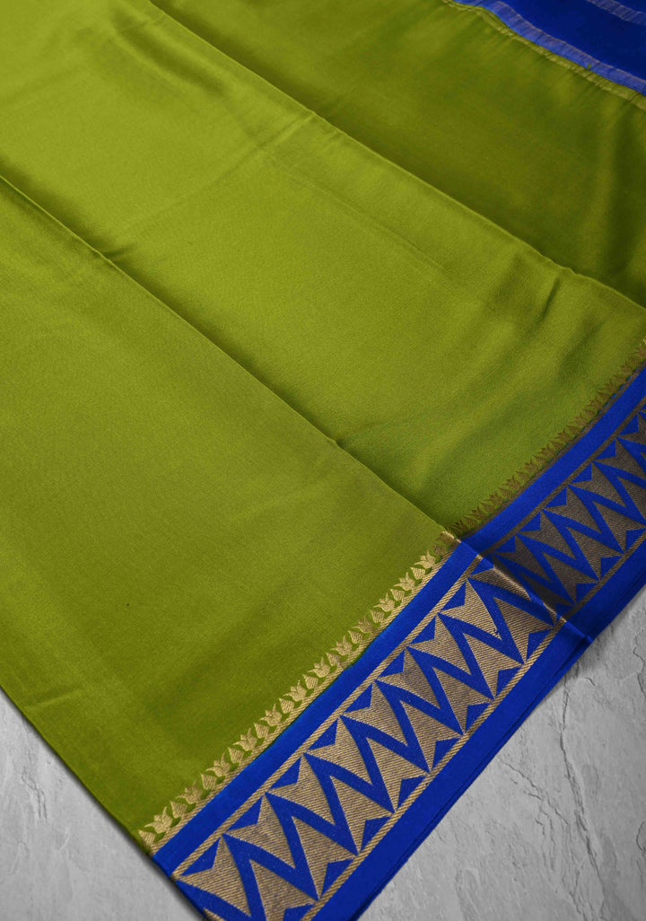Avocado Green Mysore Silk Saree with Contrast Zari Border | SILK MARK CERTIFIED
