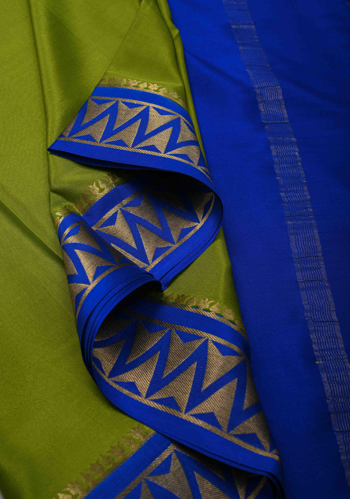 Avocado Green Mysore Silk Saree with Contrast Zari Border | SILK MARK CERTIFIED