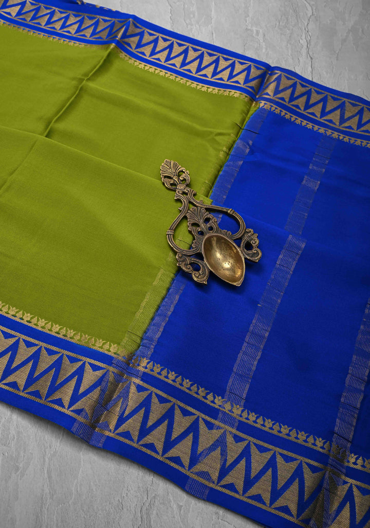 Avocado Green Mysore Silk Saree with Contrast Zari Border | SILK MARK CERTIFIED