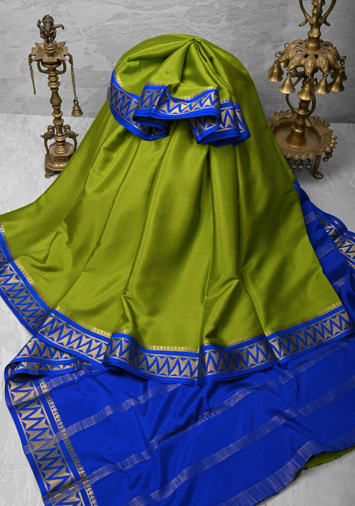 Avocado Green Mysore Silk Saree with Contrast Zari Border | SILK MARK CERTIFIED