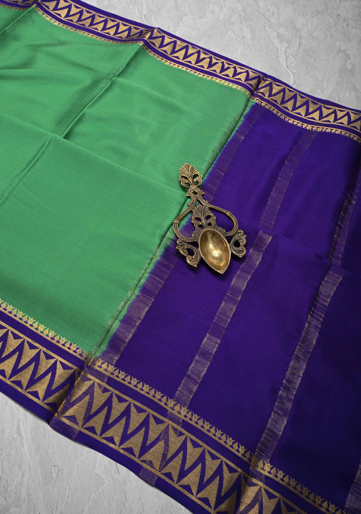 Sea green Mysore Silk Saree with Contrast Zari Border | SILK MARK CERTIFIED