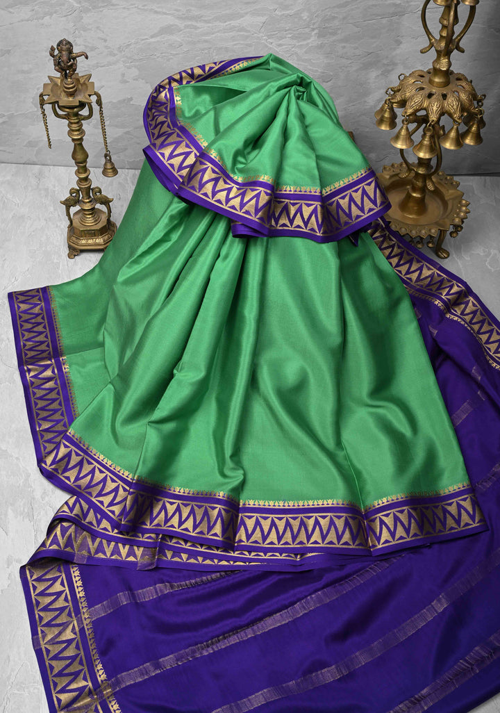 Sea green Mysore Silk Saree with Contrast Zari Border | SILK MARK CERTIFIED