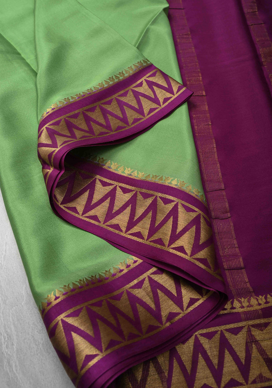 Mint Green Mysore Silk Saree with Contrast Zari Border | SILK MARK CERTIFIED