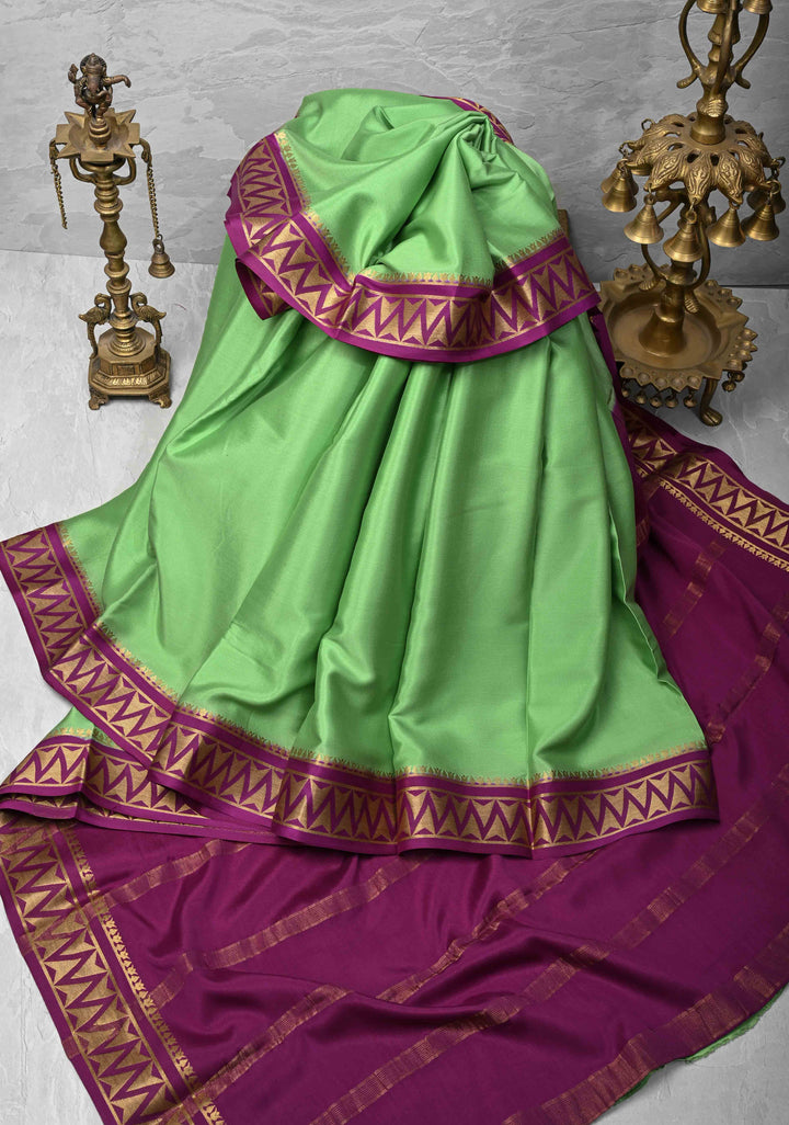 Mint Green Mysore Silk Saree with Contrast Zari Border | SILK MARK CERTIFIED