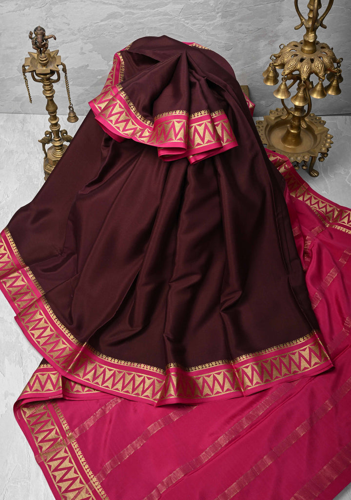 Wine Mysore Silk Saree with Contrast Zari Border | SILK MARK CERTIFIED